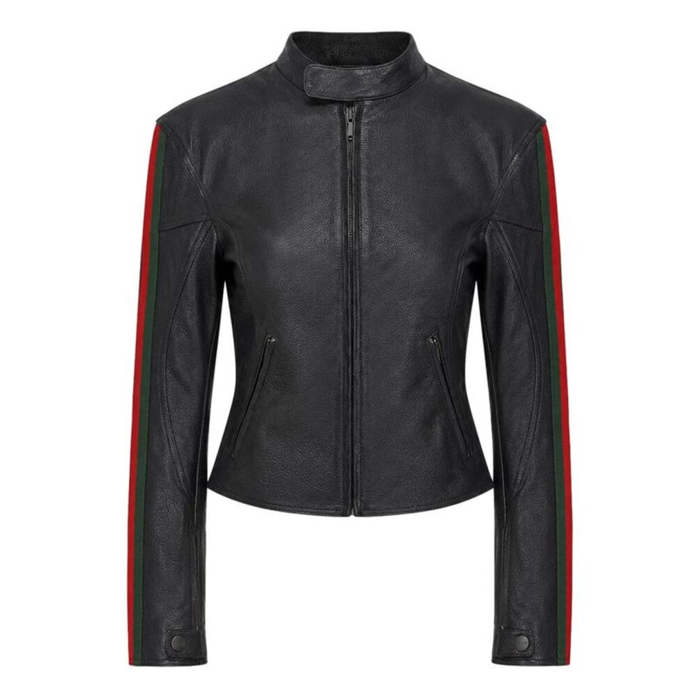 Gucci Women Leather Biker Jacket With Web Stripe